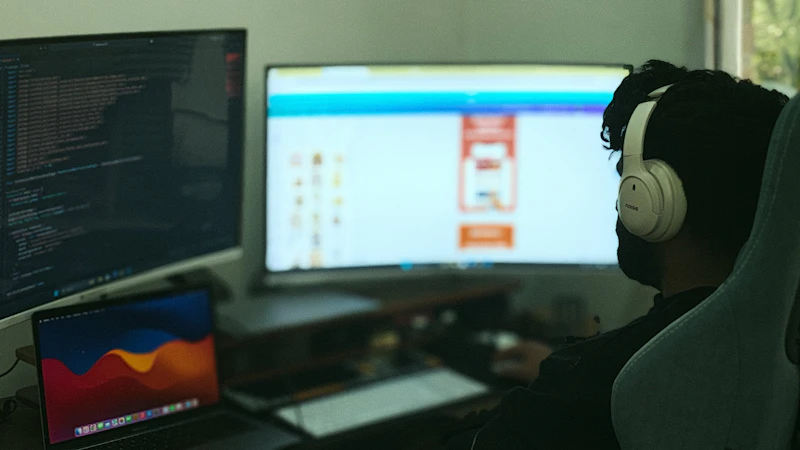 A support technician with a headset working across multiple monitors